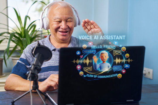 Smiling senior using AI voice assistant on laptop at home