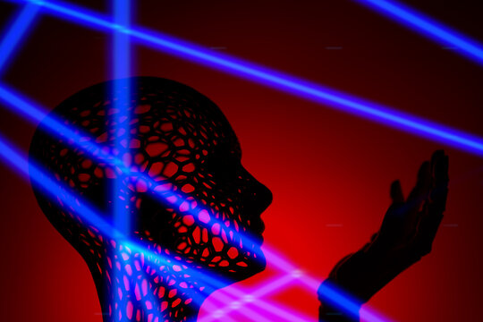 Artificial intelligence humanoid with neon lasers in virtual reality