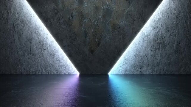 Illuminated, textured concrete structure forms a downward pointing V, reflecting colorful lights below
