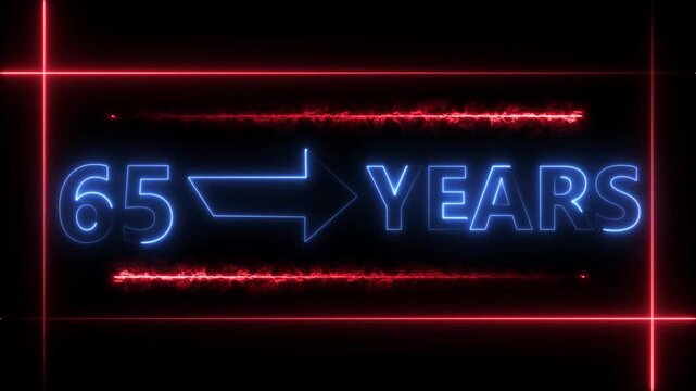 Abstract count 65 -years neon bright sign royal blue color animation. Neon great celebrates year animation 4k video.