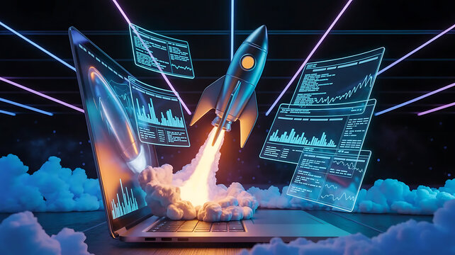 Futuristic Rocket Launch from Laptop Digital Startup Growth Concept Neon Technology Illustration