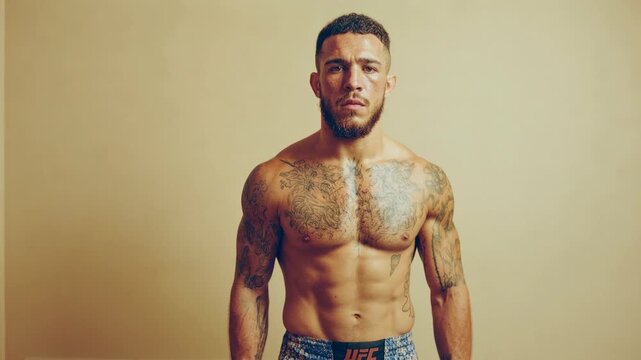 Muscular fighter with tattoos poses confidently in fighting shorts. A fit male athlete with extensive body art and a determined expression