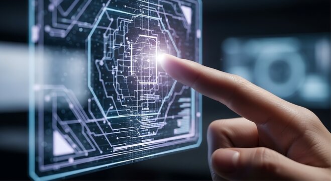 A human index finger is touching a glowing blue transparent digital panel with complex geometric circuit board lines and square patterns in a dark setting.