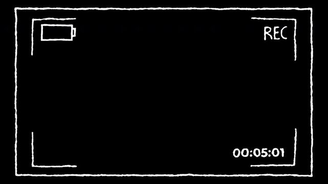 Cartoon doodle camera recorder overlay, with active record button, timer, and video camera frame for overlay effect.
