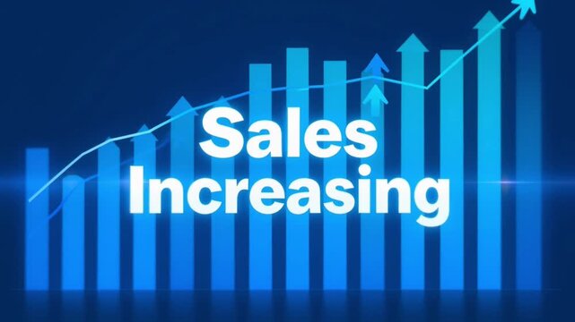 Sales Increasing text on blue financial bar chart, rising business growth graph with arrows, corporate success and revenue profit data visualization