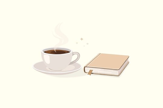 Minimalist illustration of steaming coffee cup and book for leisure