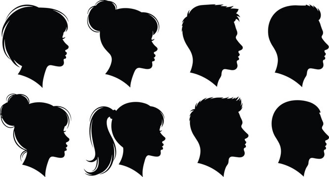 Set of male and female head profile silhouettes showing different hairstyles side view portrait collection isolated on white background