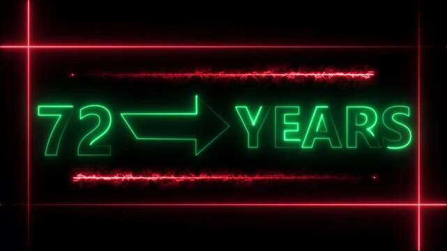 Abstract count 72 -years neon bright sign turquoise color animation. Neon great celebrates year animation 4k video.
