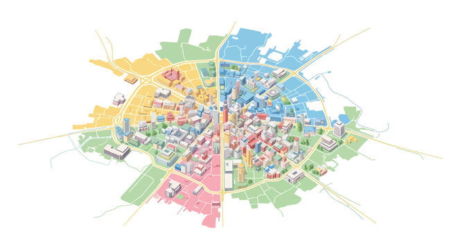 Aerial view of a city map illustrating urban planning with buildings and streets, rendered in pastel colors and divided into quadrants against a clean white background, offering a modern