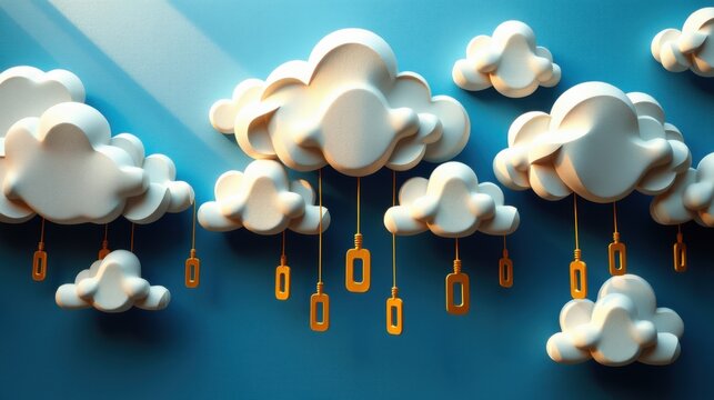 Clouds hang suspended, golden rectangles dangle below. Soft lighting creates dreamy, surreal scene. Blue backdrop enhances fluffy textures.