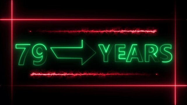 Abstract count 79 -years neon bright sign turquoise color animation. Neon great celebrates year animation 4k video.