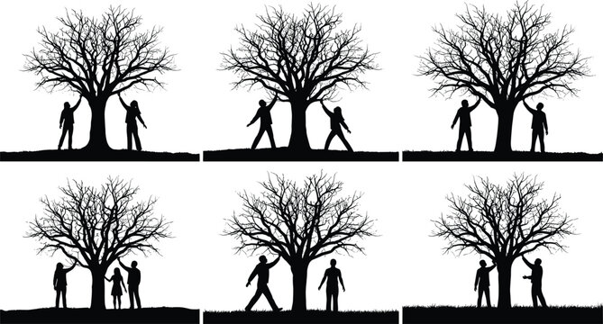 Silhouette of people interacting under leafless tree, seasons change concept, human connection, nature relationship, family bonding, minimalist black illustration scene