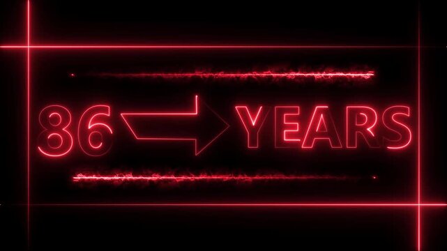 Abstract count 86 -years neon bright sign red color animation. Neon great celebrates year animation 4k video.