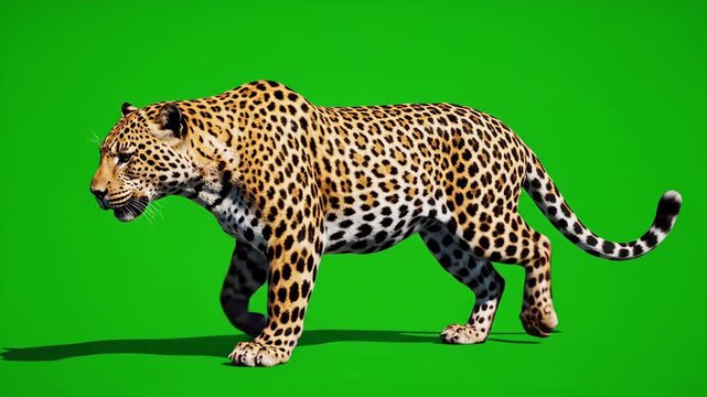 A detailed 3D animation of a powerful leopard walking slowly on a green screen background. Ideal for VFX projects.