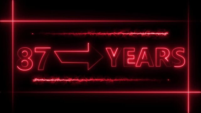 Abstract count 87 -years neon bright sign red color animation. Neon great celebrates year animation 4k video.