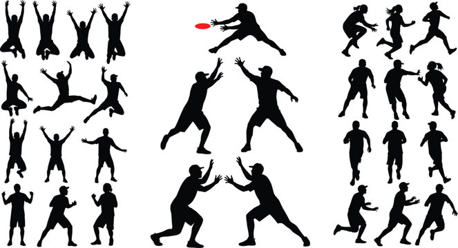 Ultimate frisbee player silhouettes set with jumping catching throwing running actions isolated sports activity vector illustration collection