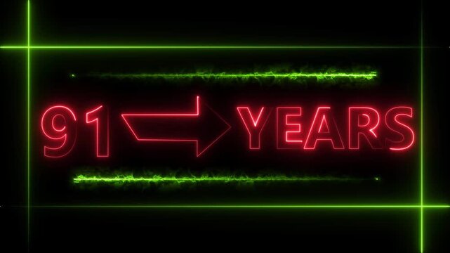 Abstract count 91 -years neon bright sign red color animation. Neon great celebrates year animation 4k video.