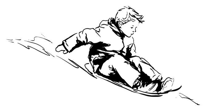 Little boy sledding down snowy hill in winter, fast motion sketch of child enjoying outdoor snow activities and holiday fun vector illustration