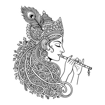 Lord Krishna playing flute with peacock feather and intricate floral ornaments, Indian spiritual line art for coloring book and meditation
