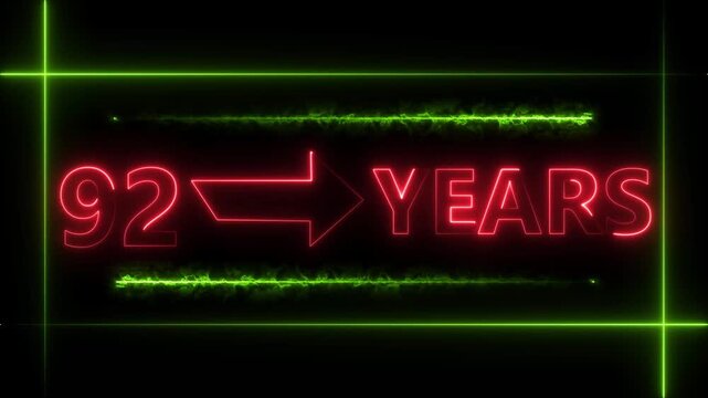 Abstract count 92 -years neon bright sign red color animation. Neon great celebrates year animation 4k video.
