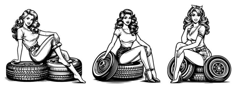 Pin up girl on car tires collection, retro vintage garage style female character set for automotive service and hot rod design