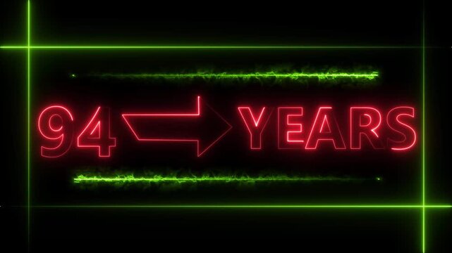Abstract count 94 -years neon bright sign red color animation. Neon great celebrates year animation 4k video.