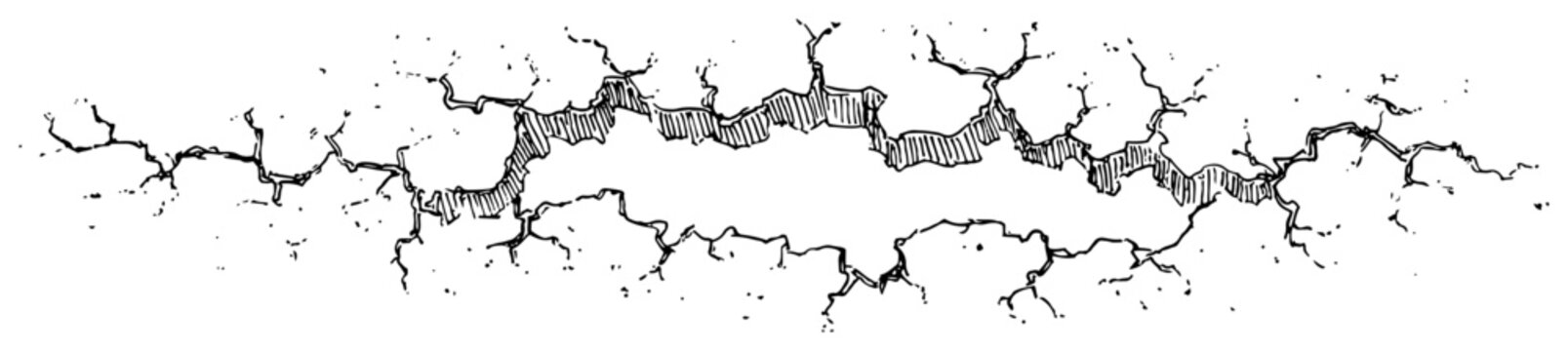 Ground crack fissure sketch illustration, horizontal broken surface line art for earthquake disaster and damage concept design