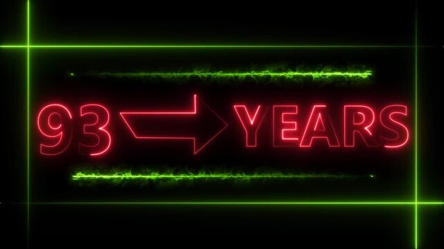 Abstract count 93 -years neon bright sign red color animation. Neon great celebrates year animation 4k video.