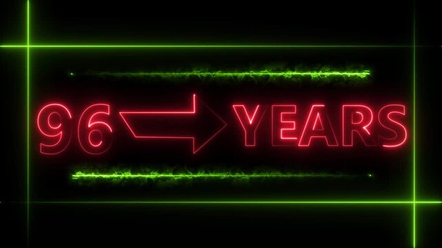 Abstract count 96 -years neon bright sign red color animation. Neon great celebrates year animation 4k video.