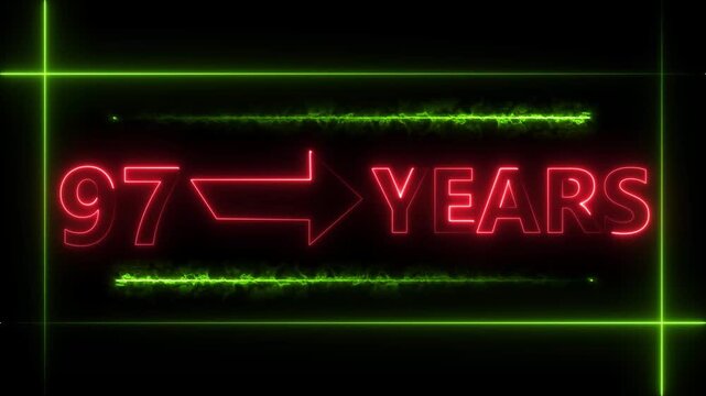 Abstract count 97 -years neon bright sign red color animation. Neon great celebrates year animation 4k video.