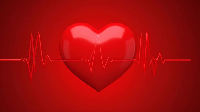 Red glossy 3D heart with an ECG heartbeat line on a vibrant red background