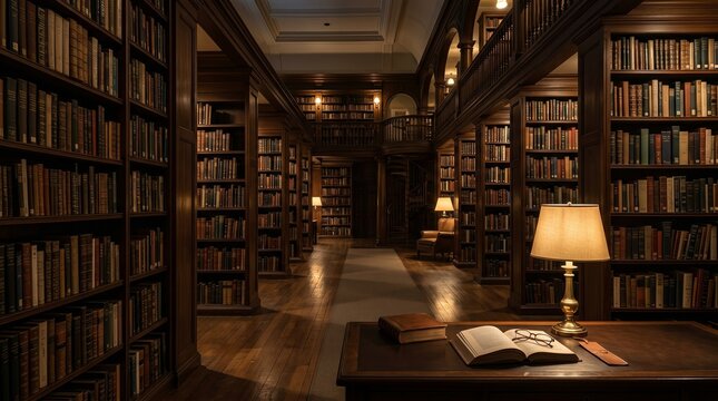 Empty library interior at night with warm reading lamps and tall bookshelves, calm contemplative mood