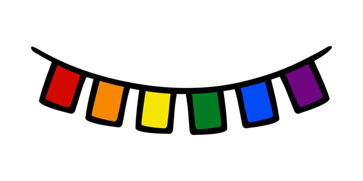 Rainbow garlang pride month lgbt symbol, colorful bunting flags on string doodle spectrum queer identity freedom love diversity sign human orientation rights concept. Isolated. Vector illustration.