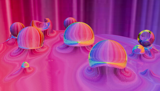 Surreal modern liquid landscape with colorful fluid bubbles