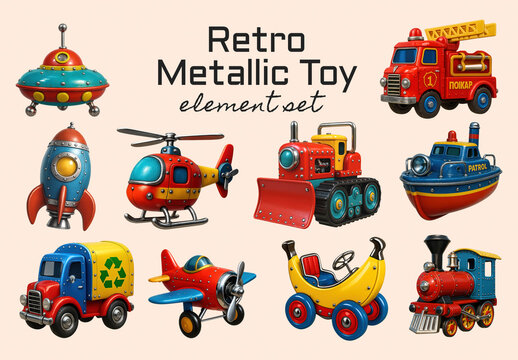Vintage Toy Vehicle Illustration Element Design Set