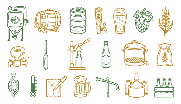 Craft beer brewing equipment icon collection for artisanal beverage production and branding