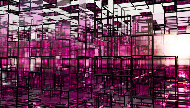 Abstract pink 3D glass cube grid structure background