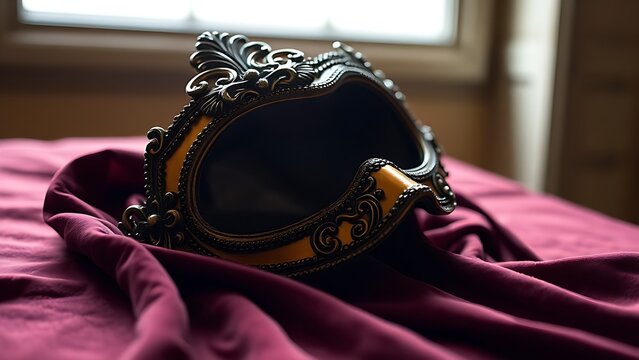 amrit. Ornate Venetian mask resting on dark velvet fabric, soft light highlighting its decorative details. event programs, museum guides, designed for cultural heritage projects and event programs.