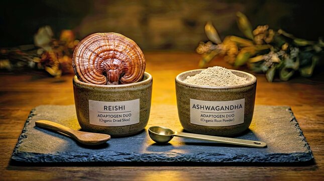 Organic Adaptogen Duo Set With Reishi Mushroom and Ashwagandha Powder on Rustic Wooden Table Reishi Mushroom