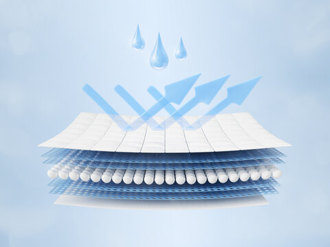 3d waterproof fabric fiber structure with water drops and blue arrows, layered effect. Hydrophobic material with moisture resistant properties. Gore tex or softshell membrane render. 3D illustration