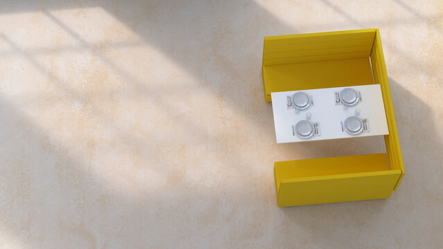 Top down view of empty yellow restaurant booth with copy space