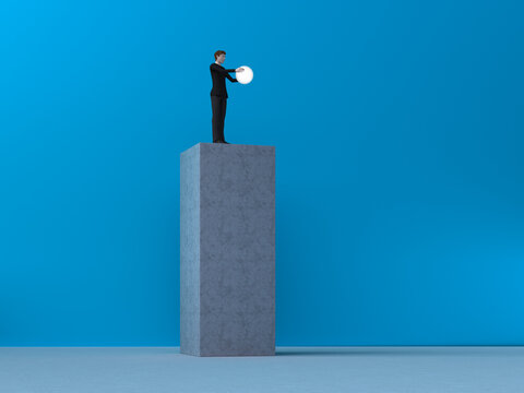 3d rendering of model holding sphere on pedestal representing vision