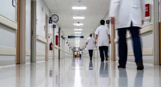 Medical staff walking down hospital corridor.