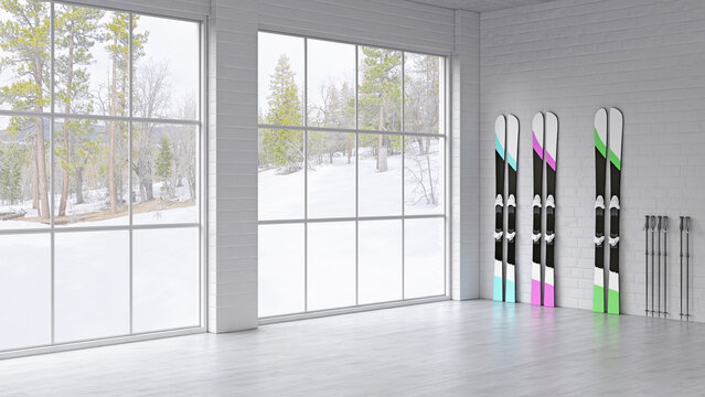 Skis leaning against a wall in a bright modern room with winter view