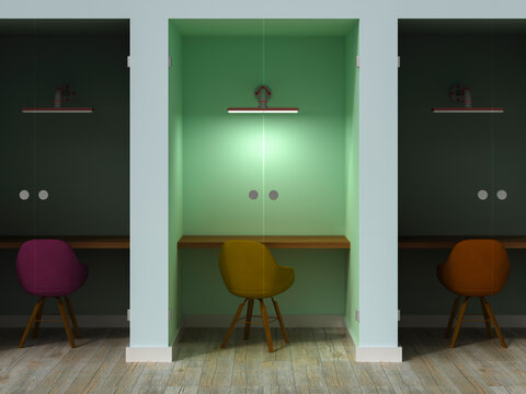 3D rendering of an illuminated modern empty office workspace