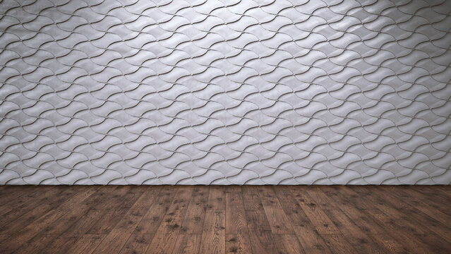 Modern empty room with textured metal wall and wooden floor