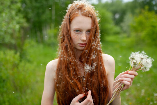 Portrait of red-haired girl with dandelion seeds in a summer field