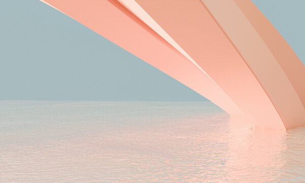Abstract pastel 3D render of a pink bridge over calm water