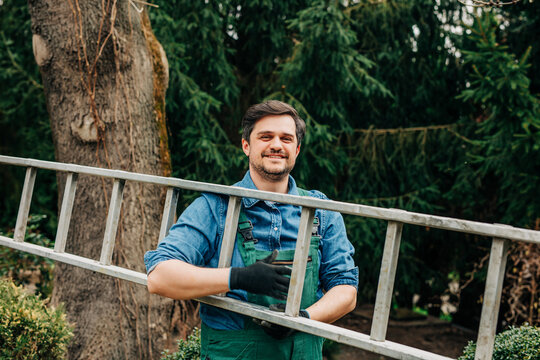 Smiling gardener holding a ladder outdoors for spring tree care