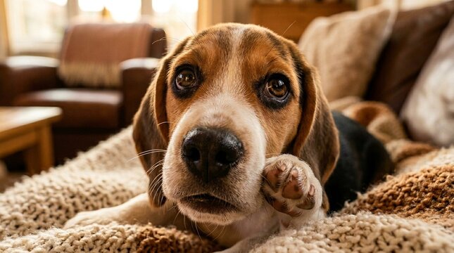 Beagle Face Portrait Pleading Wide Brown Eyes Close Grooming Behaviour Shot Golden Hour Ambient Light Warm Tungsten Indoor Ambient Cozy Home Atmosphere